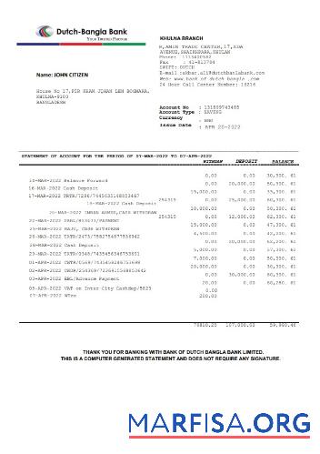 Realistic Bangladesh Dutch Bangla bank statement word template